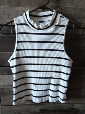 Sleeveless Ribbed Mock Neck Tank Top - White with Black Stripes